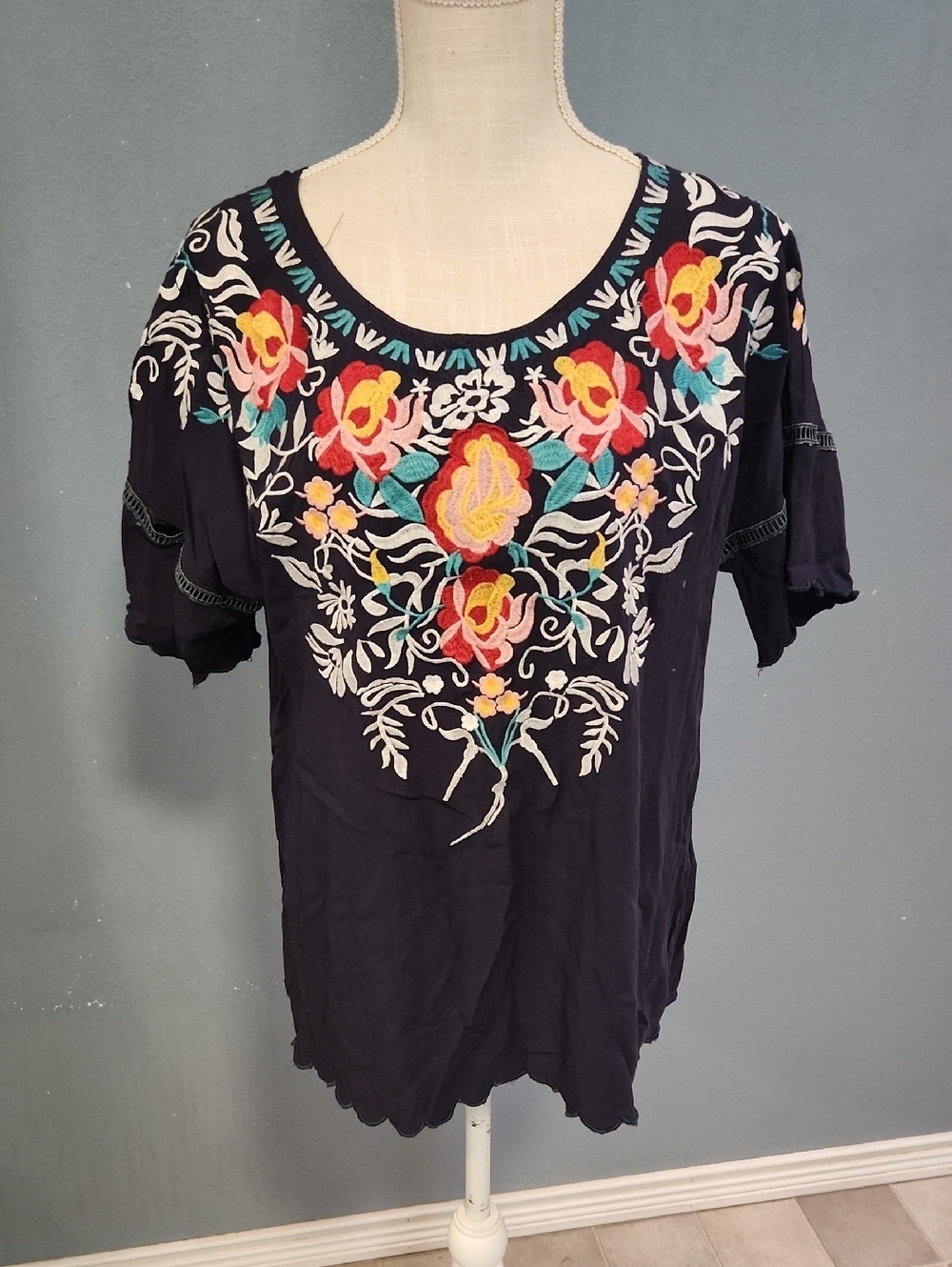 Misslook Boho Rosette Floral Embroidery Flowy Festival Peasant Blouse Feminine